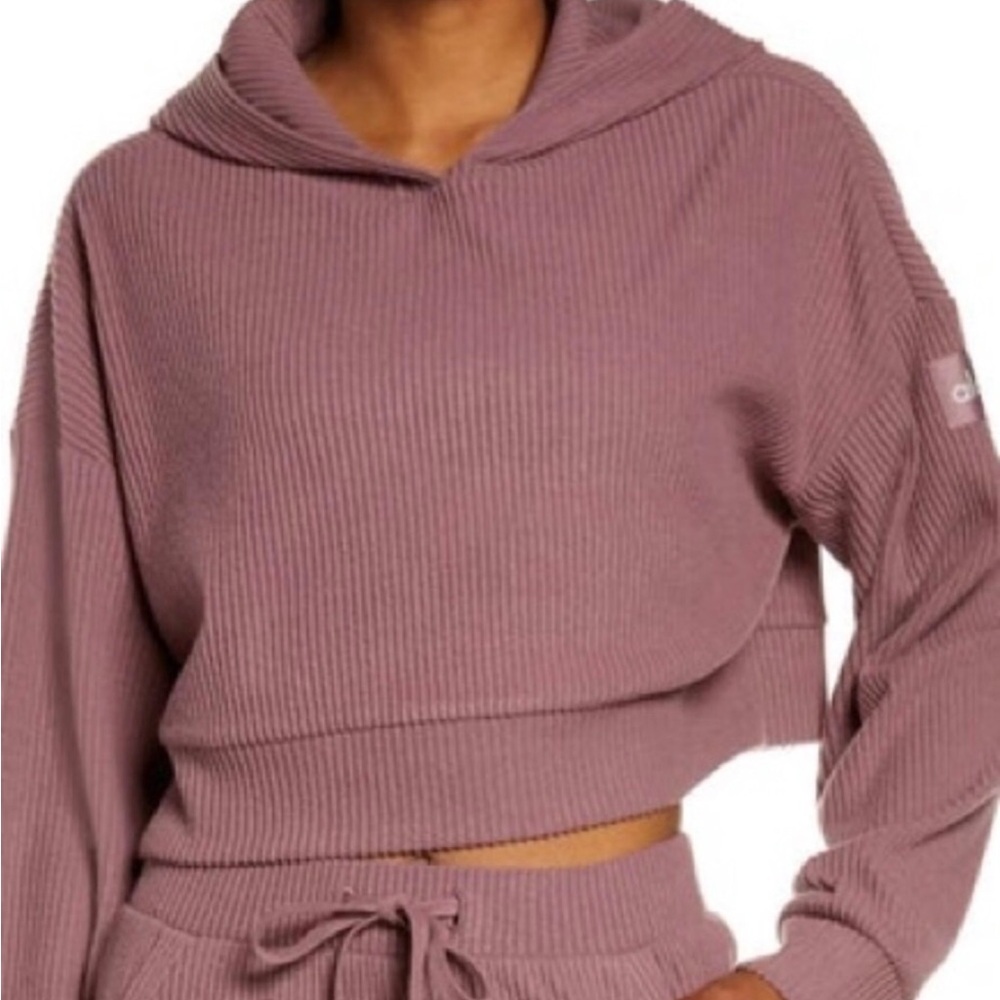 ALO Yoga Ribbed Cropped Hoodie in Dusty Mauve Size Small